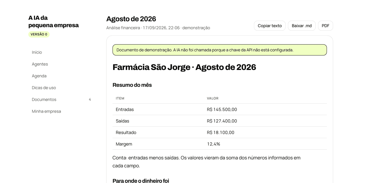 Análise financeira pronta dentro da plataforma, com entradas, saídas, resultado, margem e alertas
