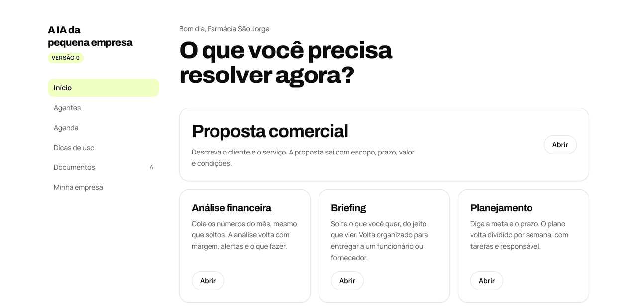 Tela inicial da plataforma, com as quatro ferramentas e o próximo encontro